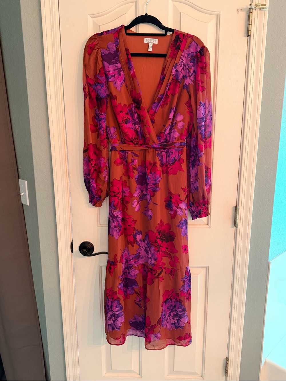sofia by sofia vergara Rust Floral Maxi Dress with Pink and Purple Blooms